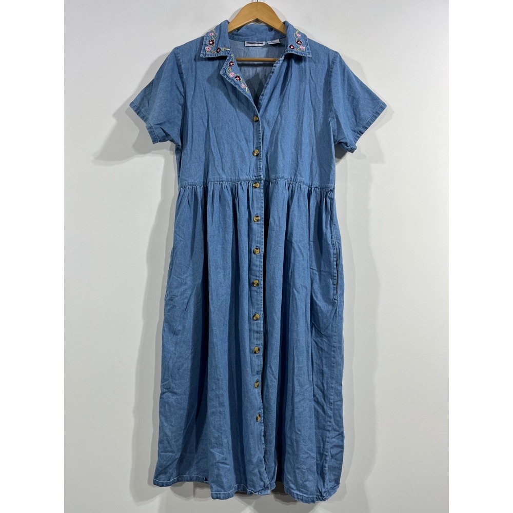 Fundamentals Prairie Boho Button Front Denim Midi Dress Women Medium Embroidered
